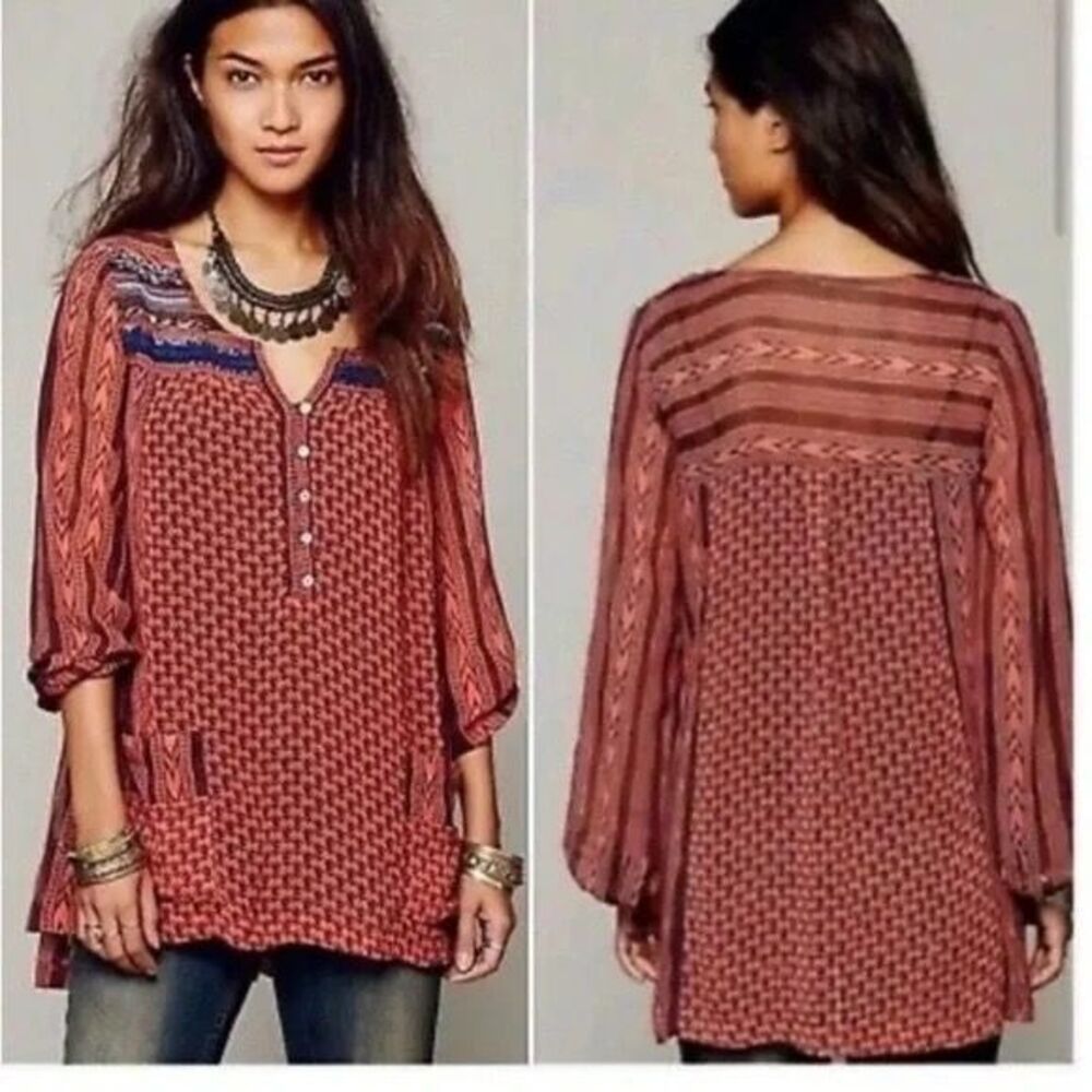 Free People Feather Inā The Wind Sheer Print Beaded Sequence Tunic Size Small